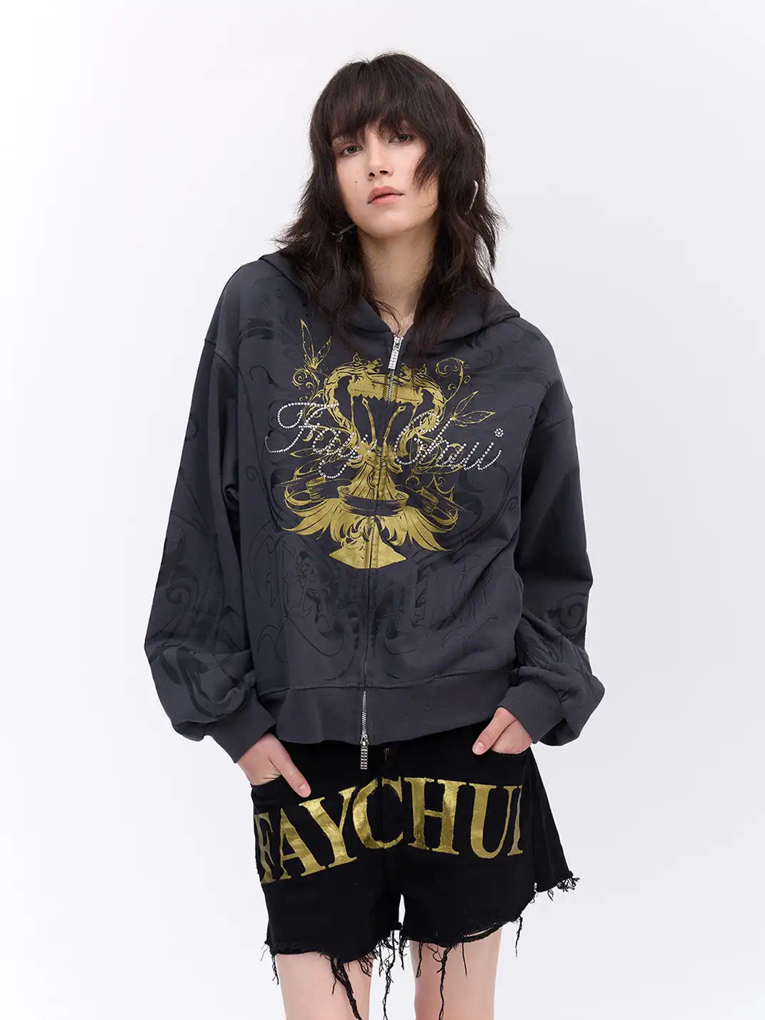 FayChui | Vintage Wash Gold Print Hoodie Jacket