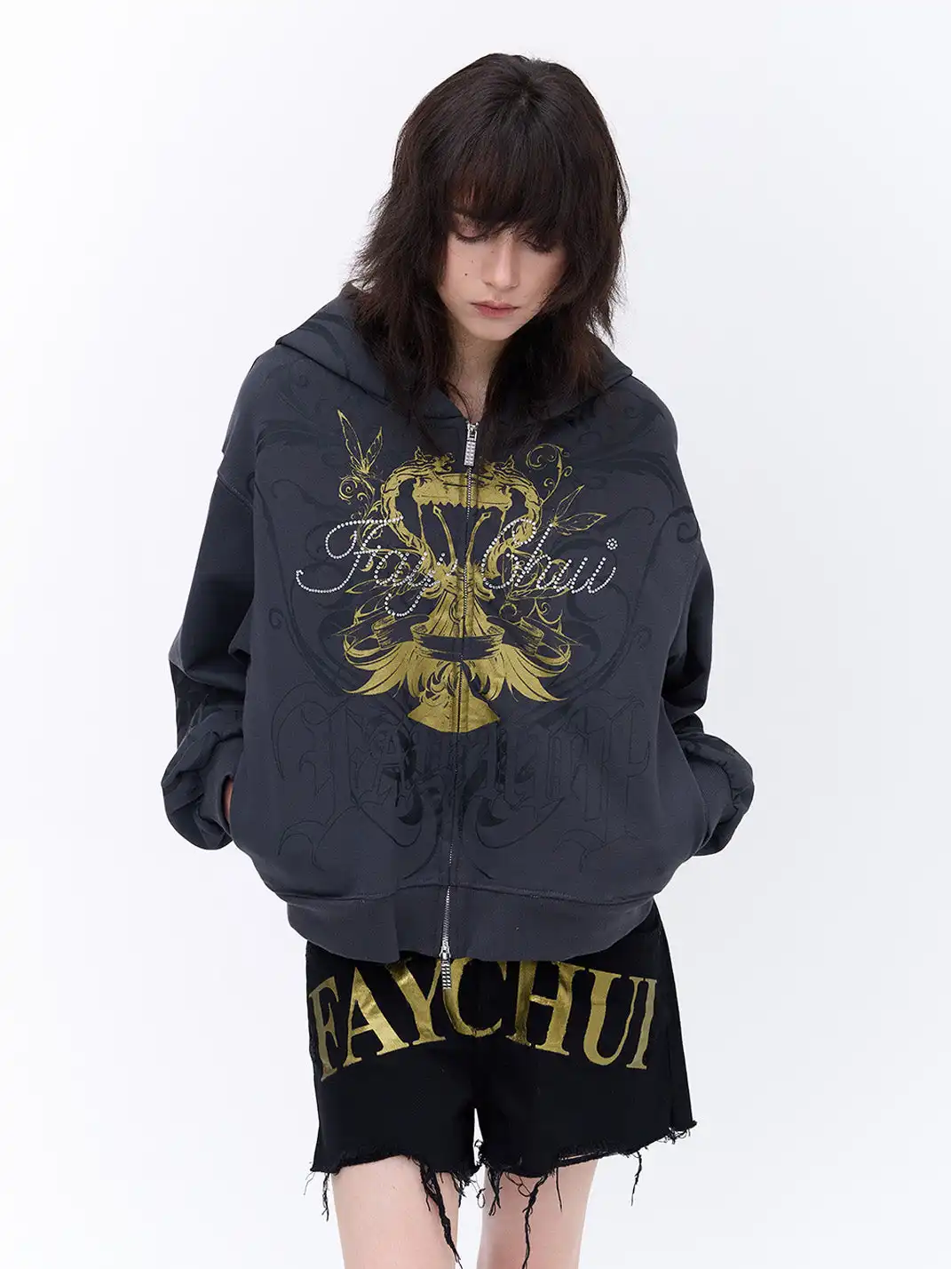 FayChui | Vintage Wash Gold Print Hoodie Jacket