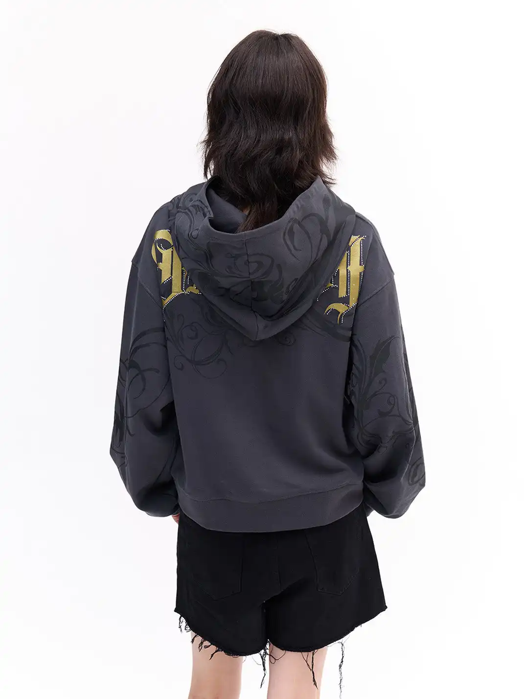 FayChui | Vintage Wash Gold Print Hoodie Jacket