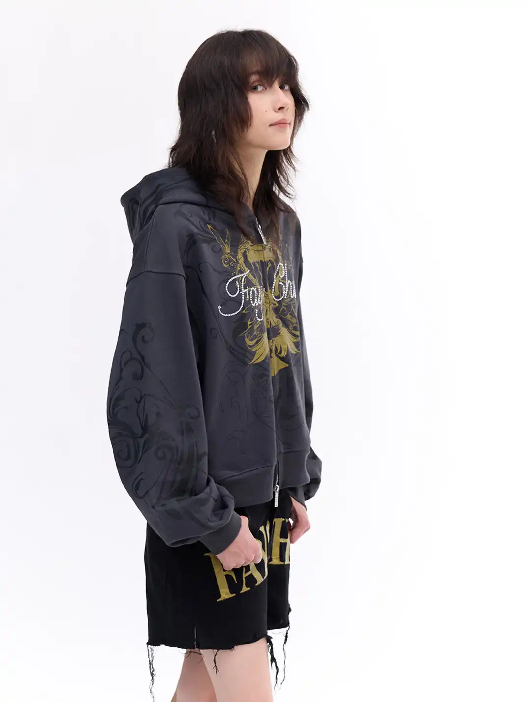FayChui | Vintage Wash Gold Print Hoodie Jacket