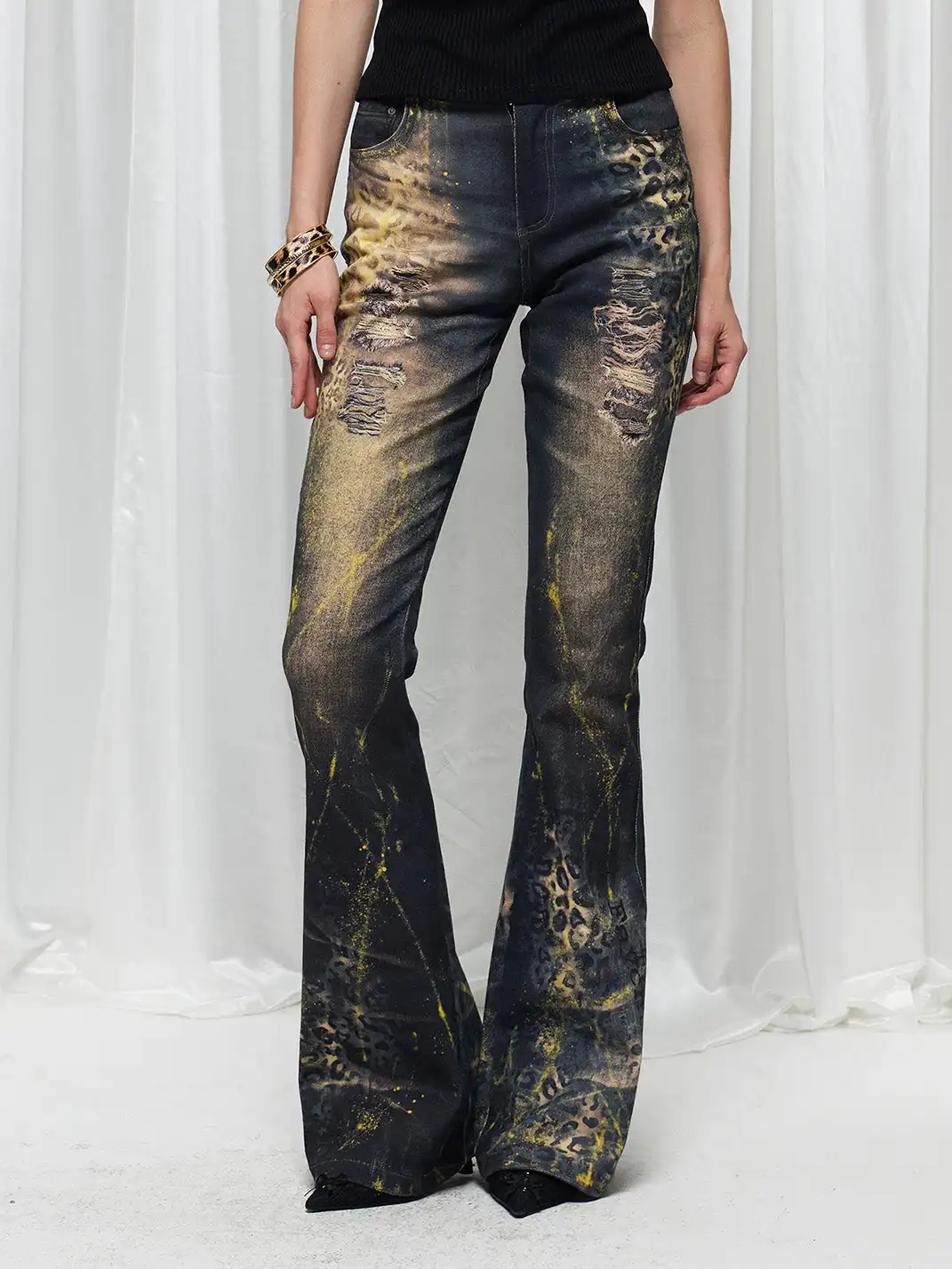 FayChui | Leopard Print Gold Foil Flare Jeans
