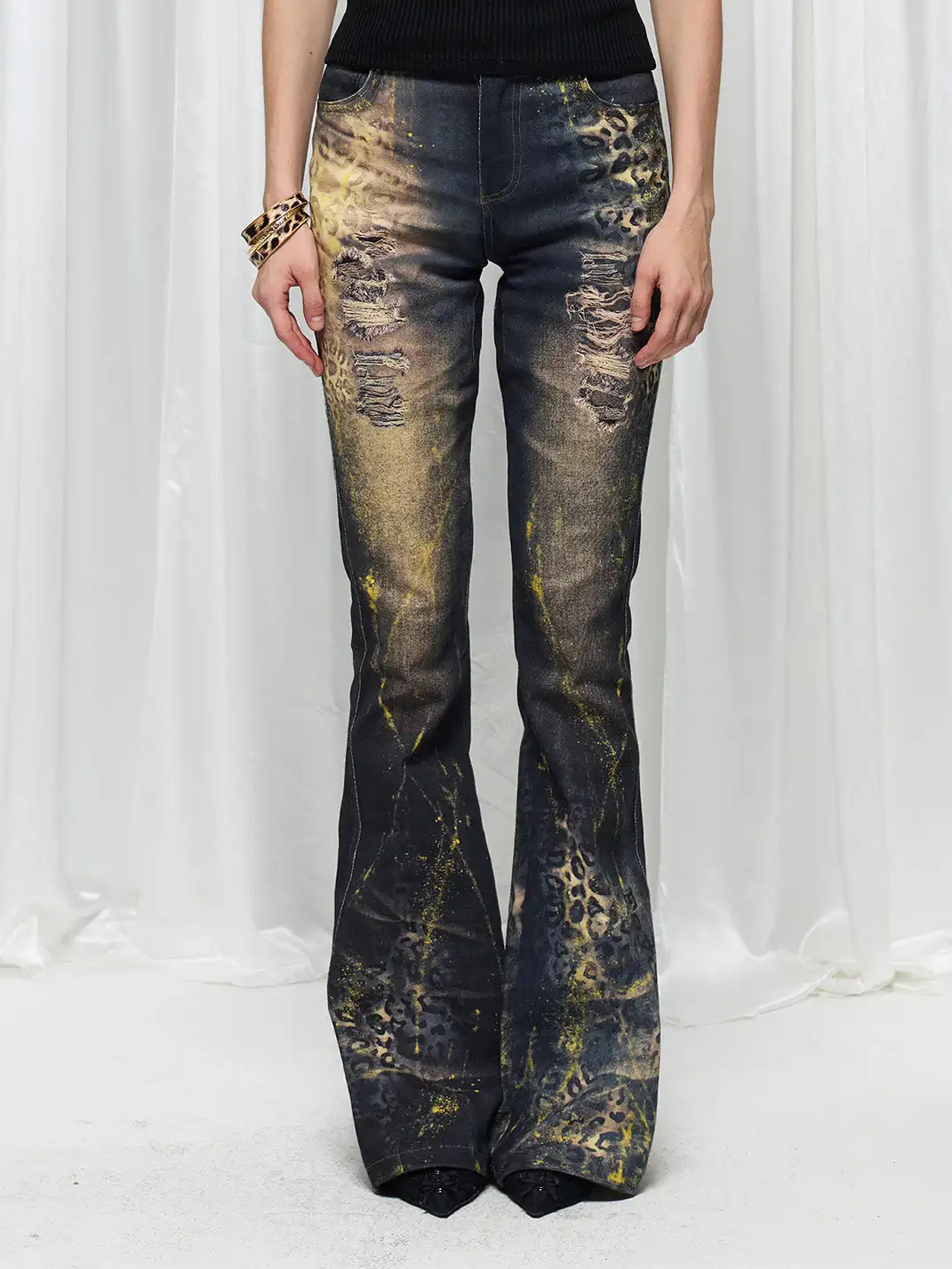 FayChui | Leopard Print Gold Foil Flare Jeans