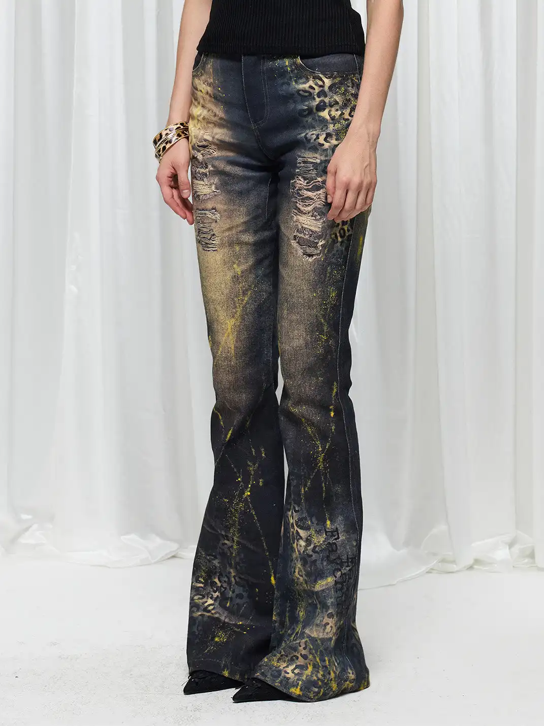 FayChui | Leopard Print Gold Foil Flare Jeans