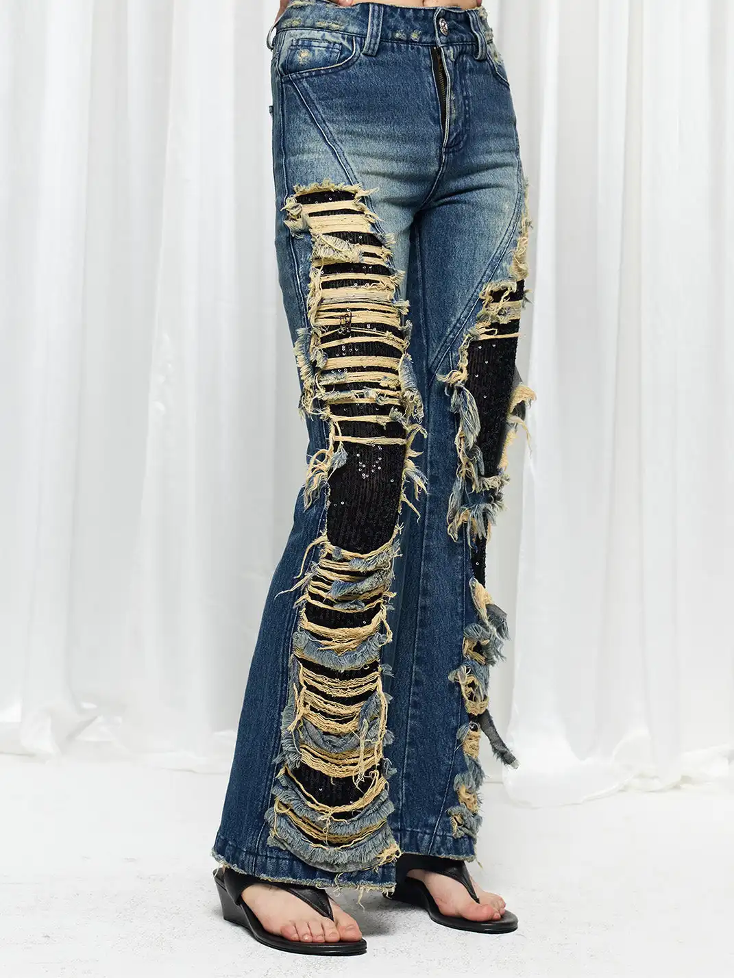 FayChui | Washed Distressed Sequin Flare Jeans