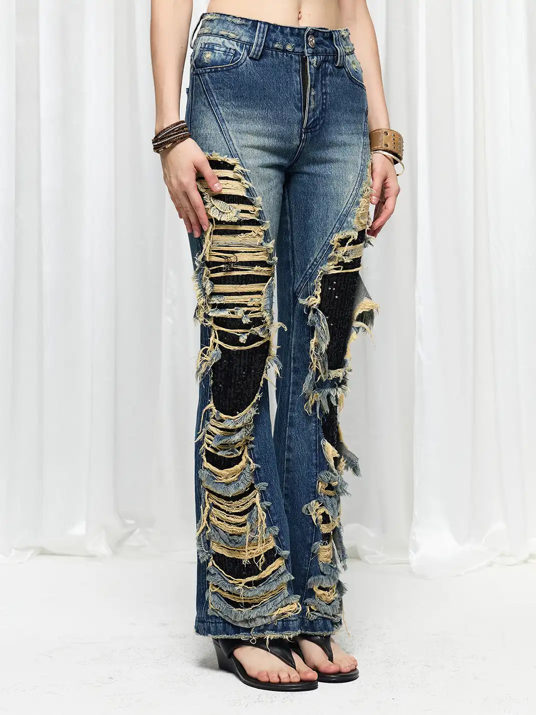 FayChui | Washed Distressed Sequin Flare Jeans