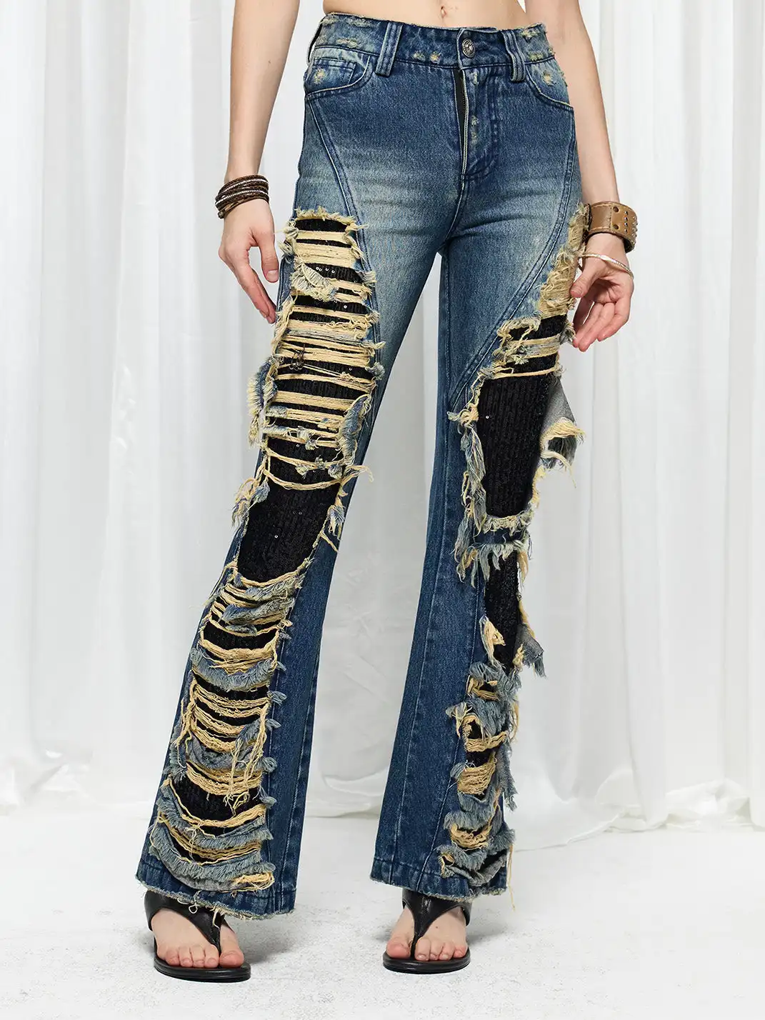 FayChui | Washed Distressed Sequin Flare Jeans