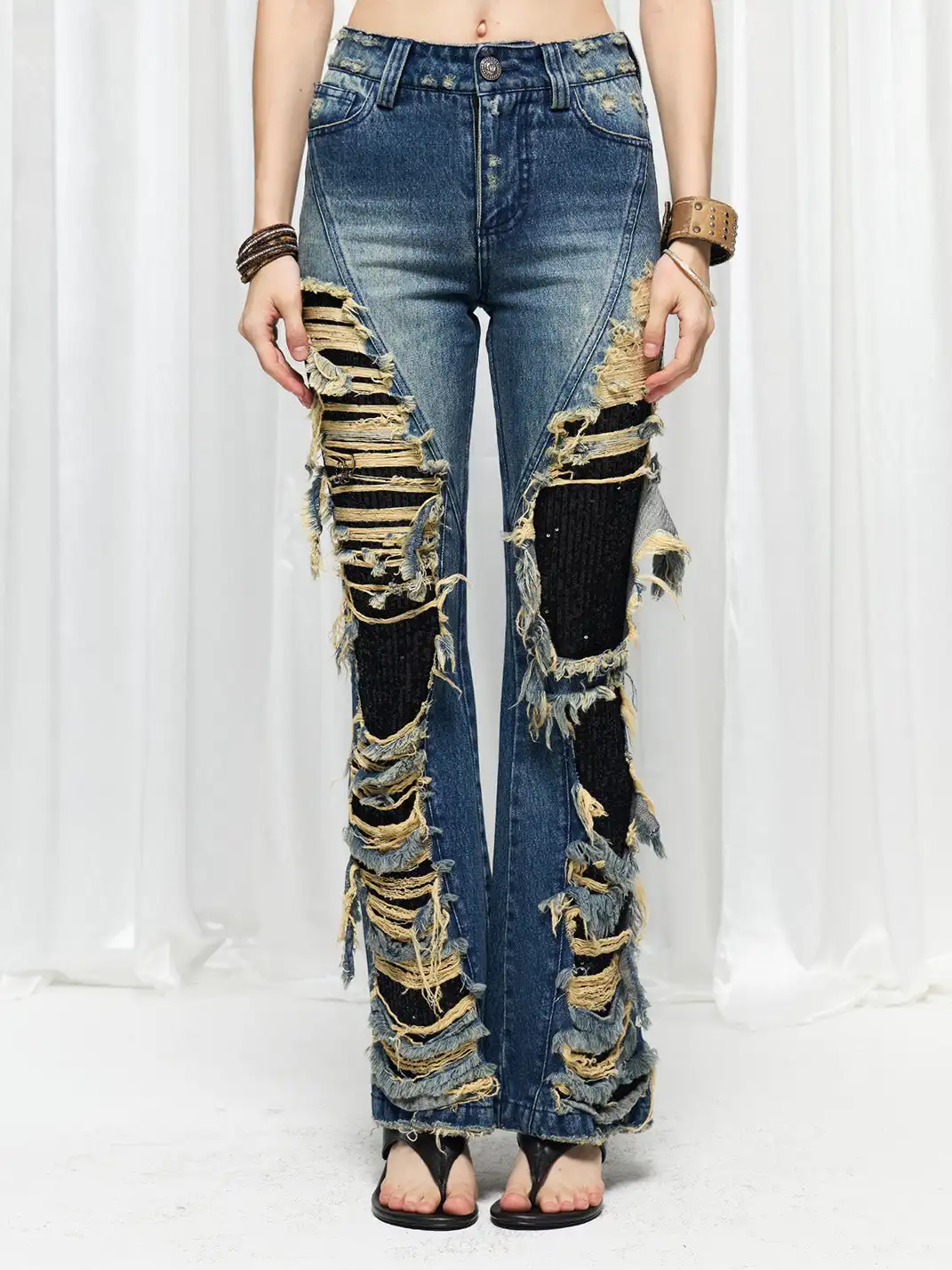 FayChui | Washed Distressed Sequin Flare Jeans