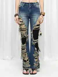 FayChui | Washed Distressed Sequin Flare Jeans