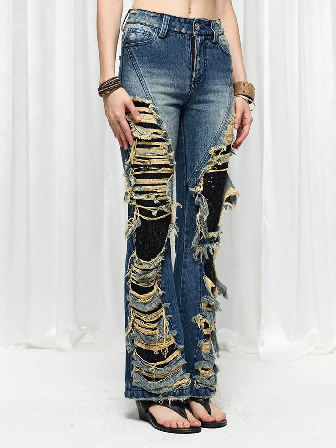 FayChui | Washed Distressed Sequin Flare Jeans