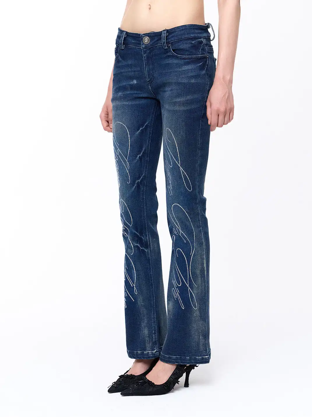 FayChui | Washed Skinny Fit Denim Pants with Rhinestone Detail