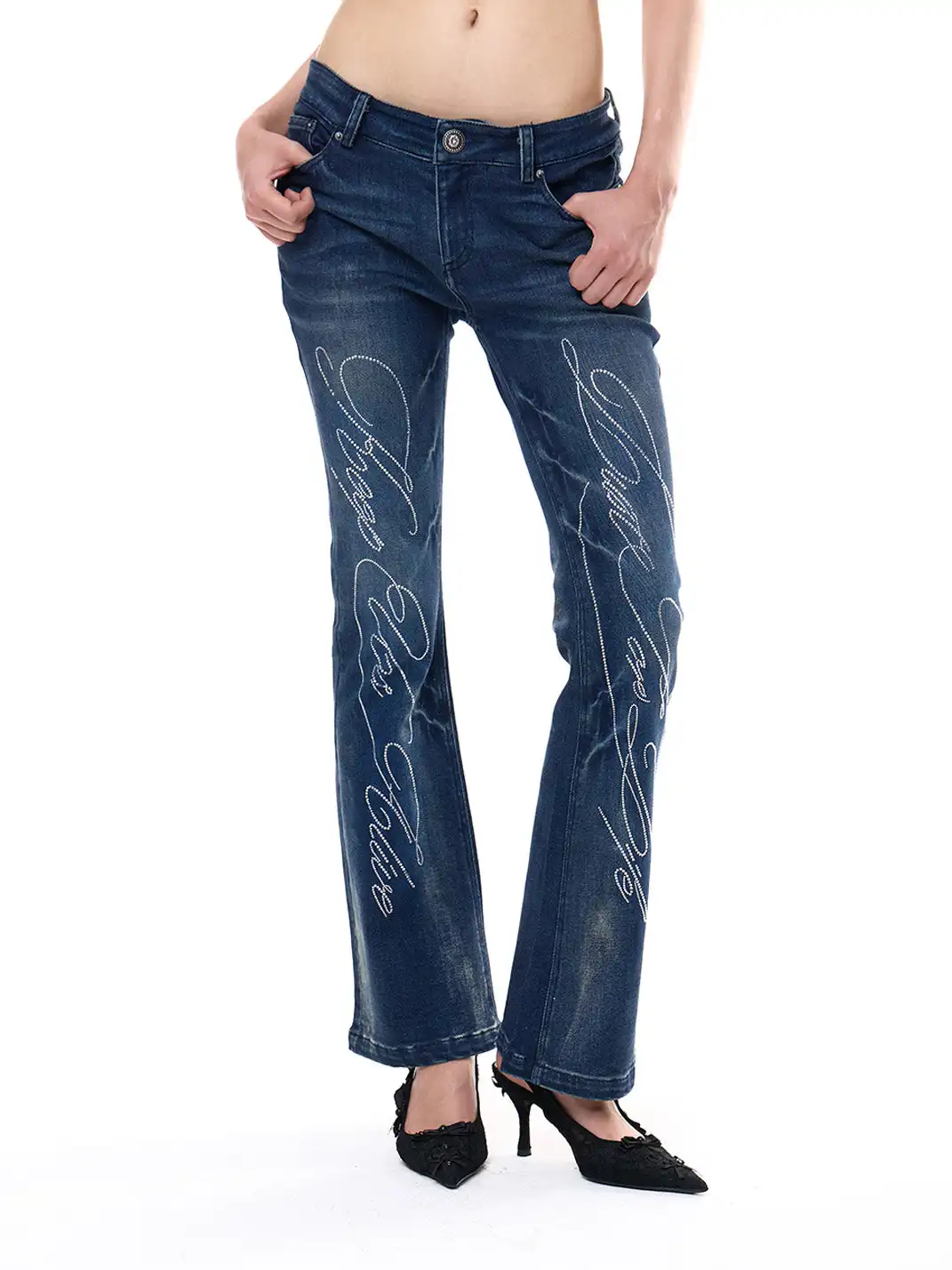 FayChui | Washed Skinny Fit Denim Pants with Rhinestone Detail