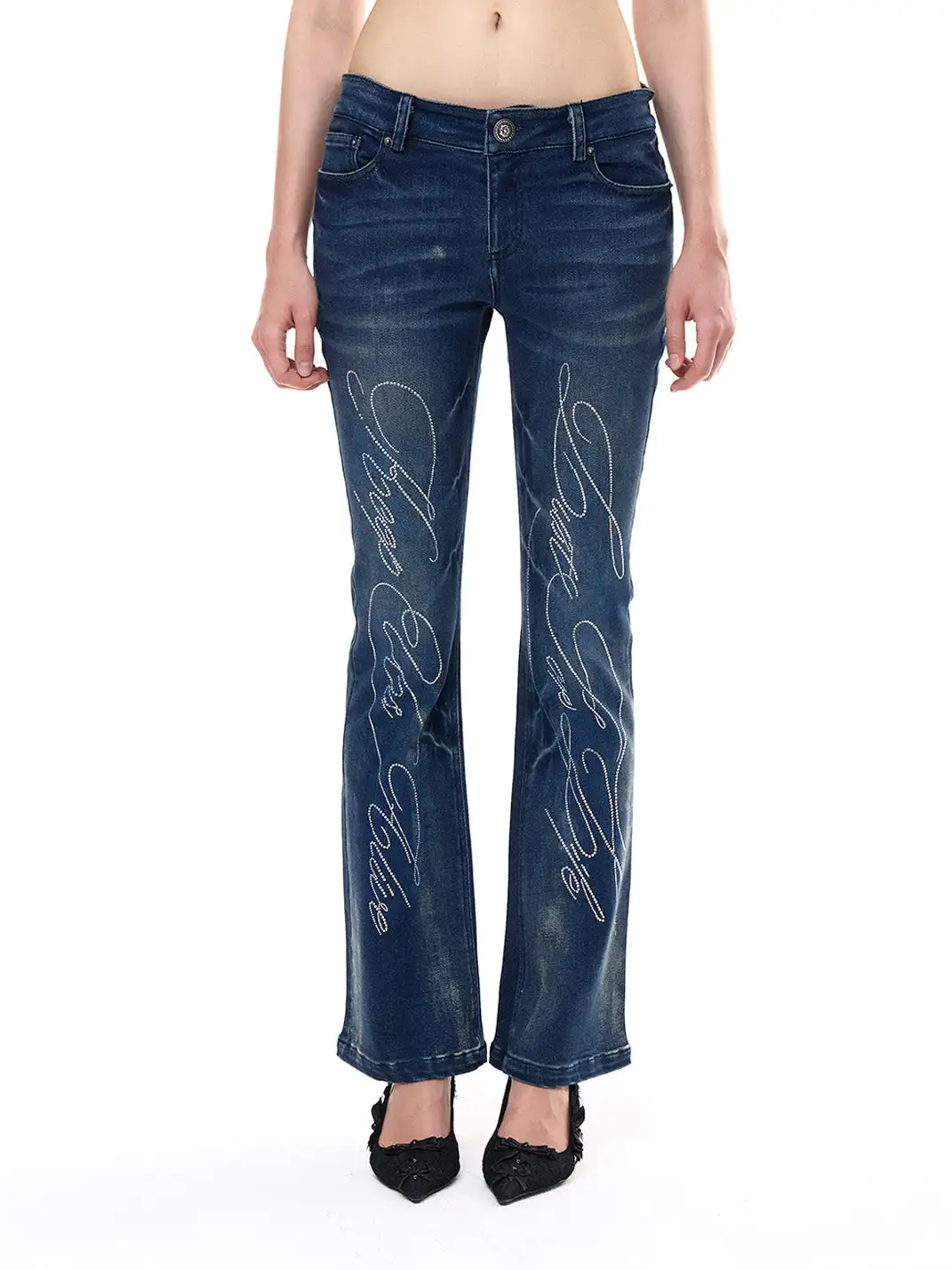 FayChui | Washed Skinny Fit Denim Pants with Rhinestone Detail