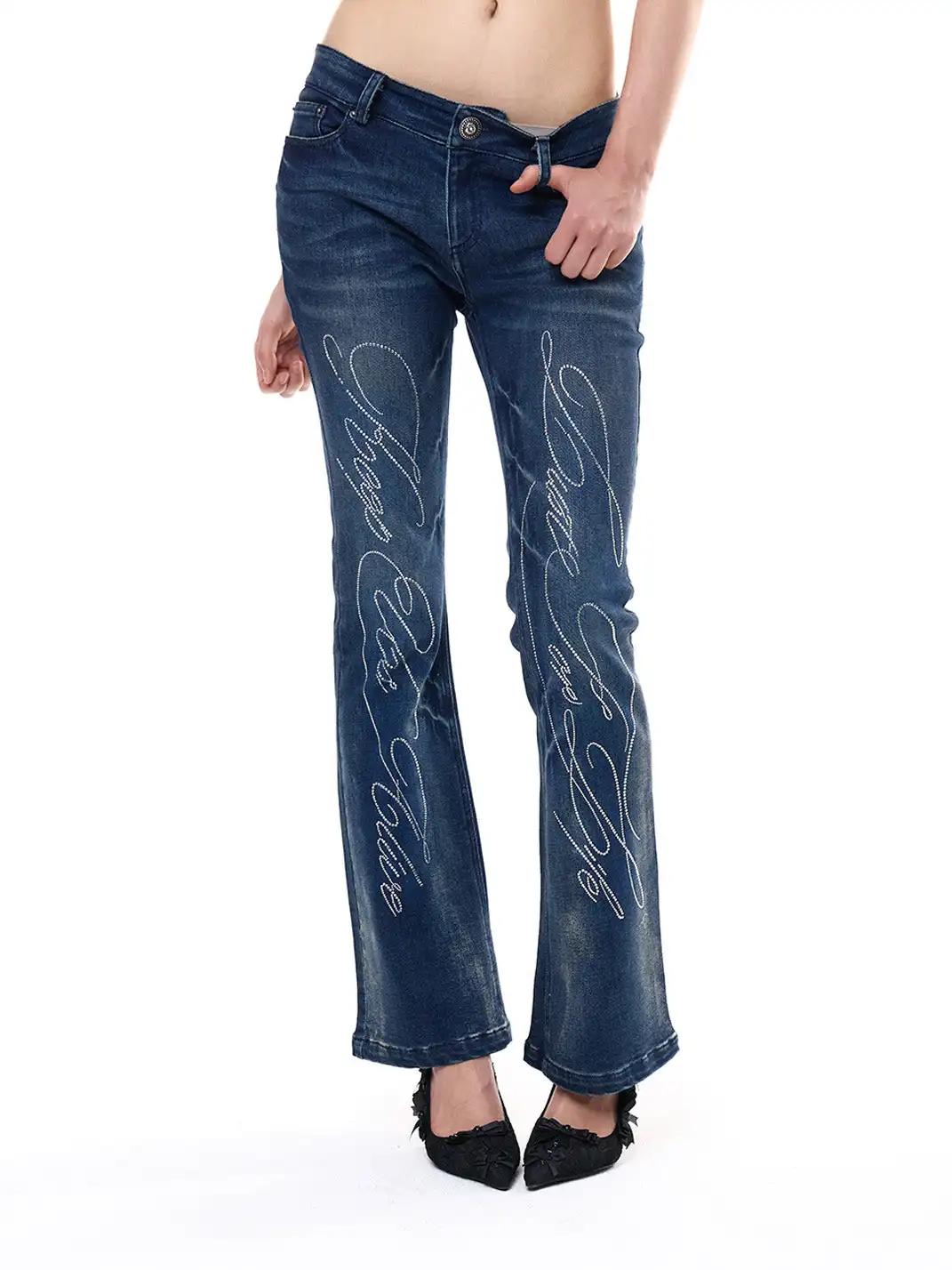 FayChui | Washed Skinny Fit Denim Pants with Rhinestone Detail