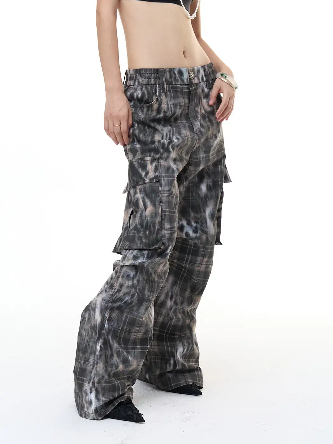 FayChui | Leopard Plaid Cargo Pants Wide-Legged Casual Trousers