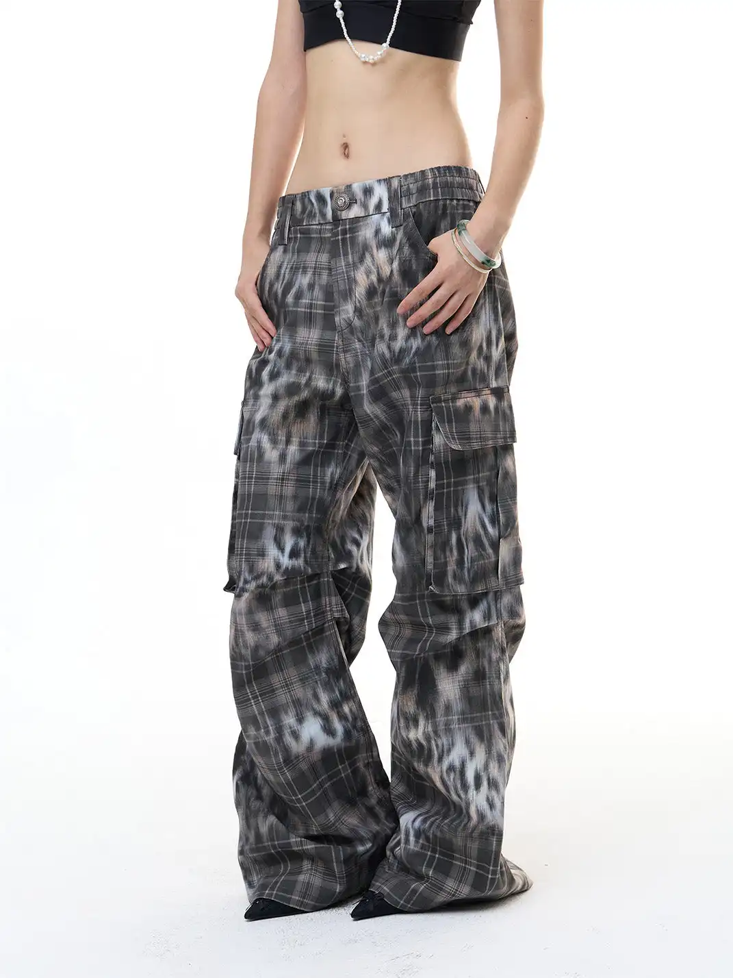 FayChui | Leopard Plaid Cargo Pants Wide-Legged Casual Trousers