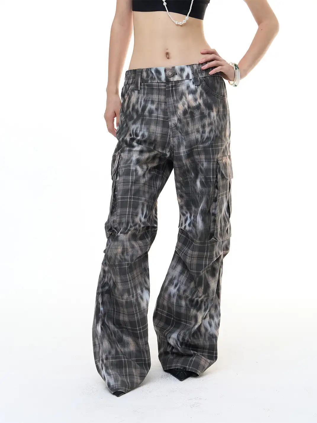 FayChui | Leopard Plaid Cargo Pants Wide-Legged Casual Trousers