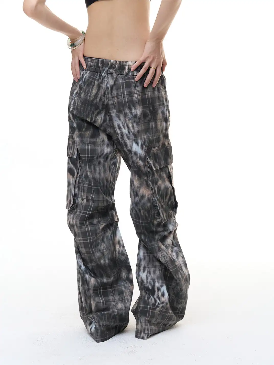 FayChui | Leopard Plaid Cargo Pants Wide-Legged Casual Trousers
