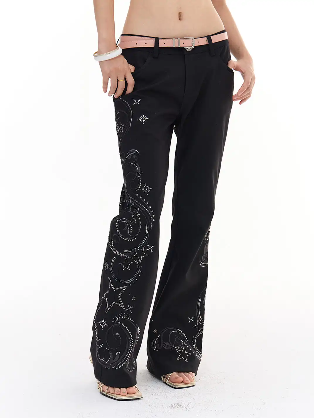 FayChui | Star Studded Embroidered Slim Fit Flare Pants