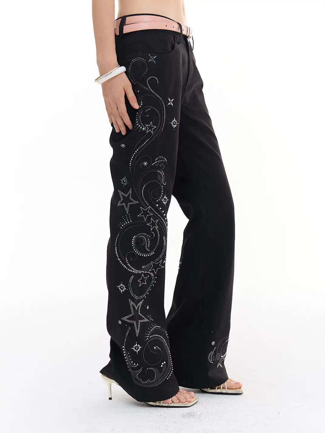 FayChui | Star Studded Embroidered Slim Fit Flare Pants