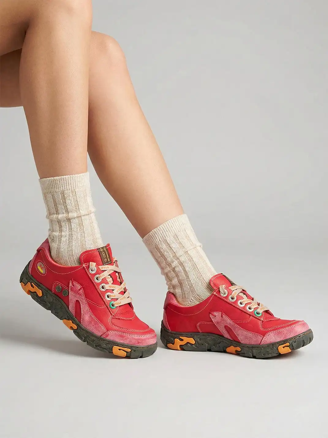 TMA EYES | Retro Color-Block Leather Lace-Up Sneakers