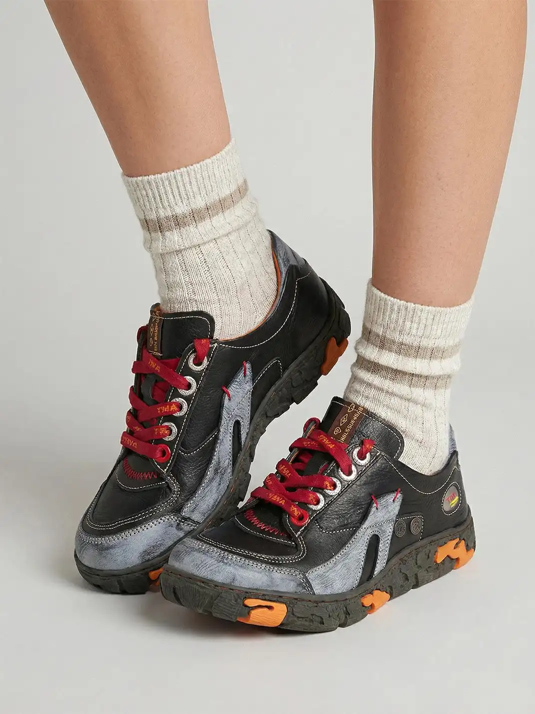 TMA EYES | Retro Color-Block Leather Lace-Up Sneakers