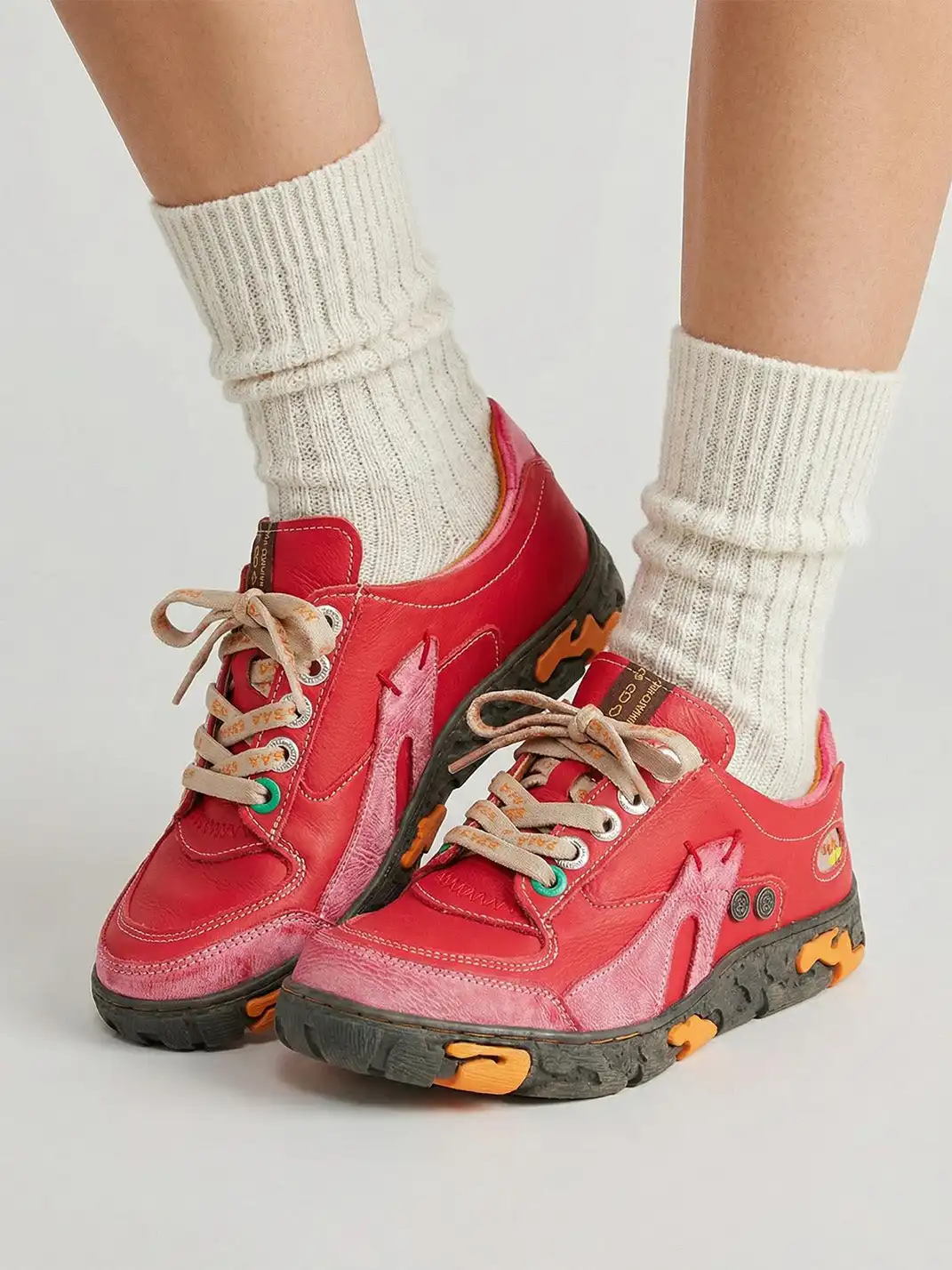 TMA EYES | Retro Color-Block Leather Lace-Up Sneakers