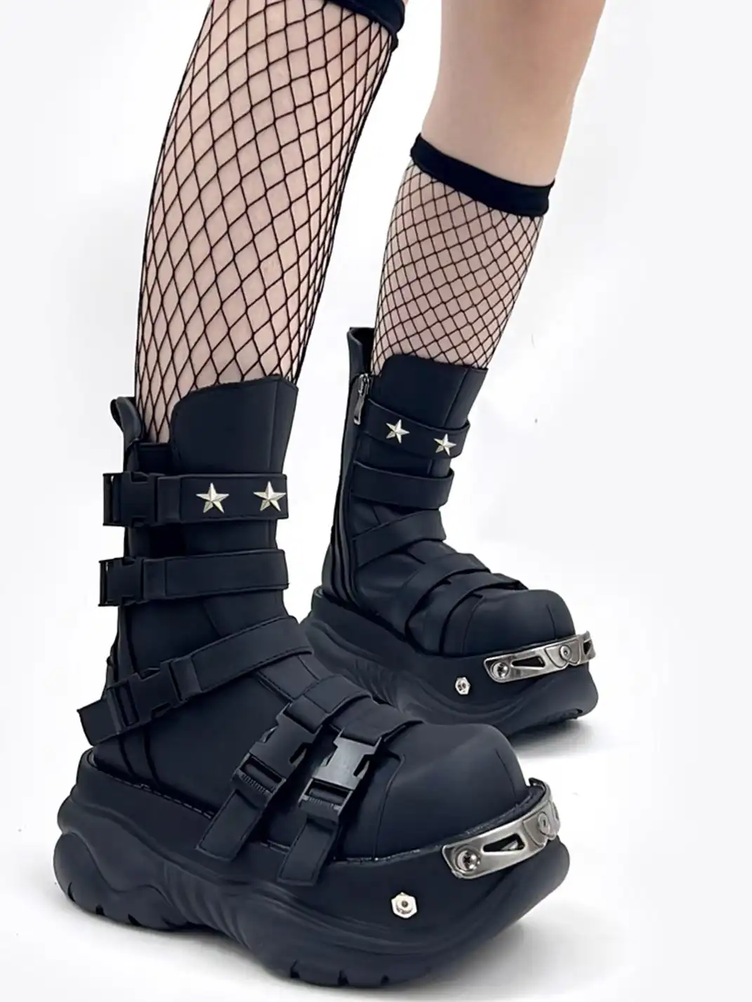 PINJIAHUI | Metallic Punk Platform Ankle Boots with Round Toe