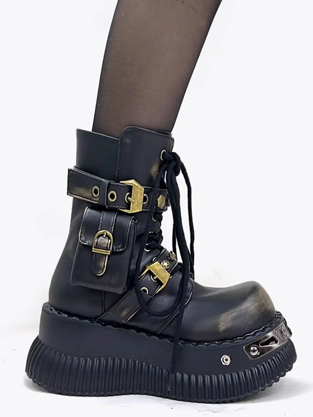 PINJIAHUI | Metallic Punk Platform Ankle Boots with Studded Details