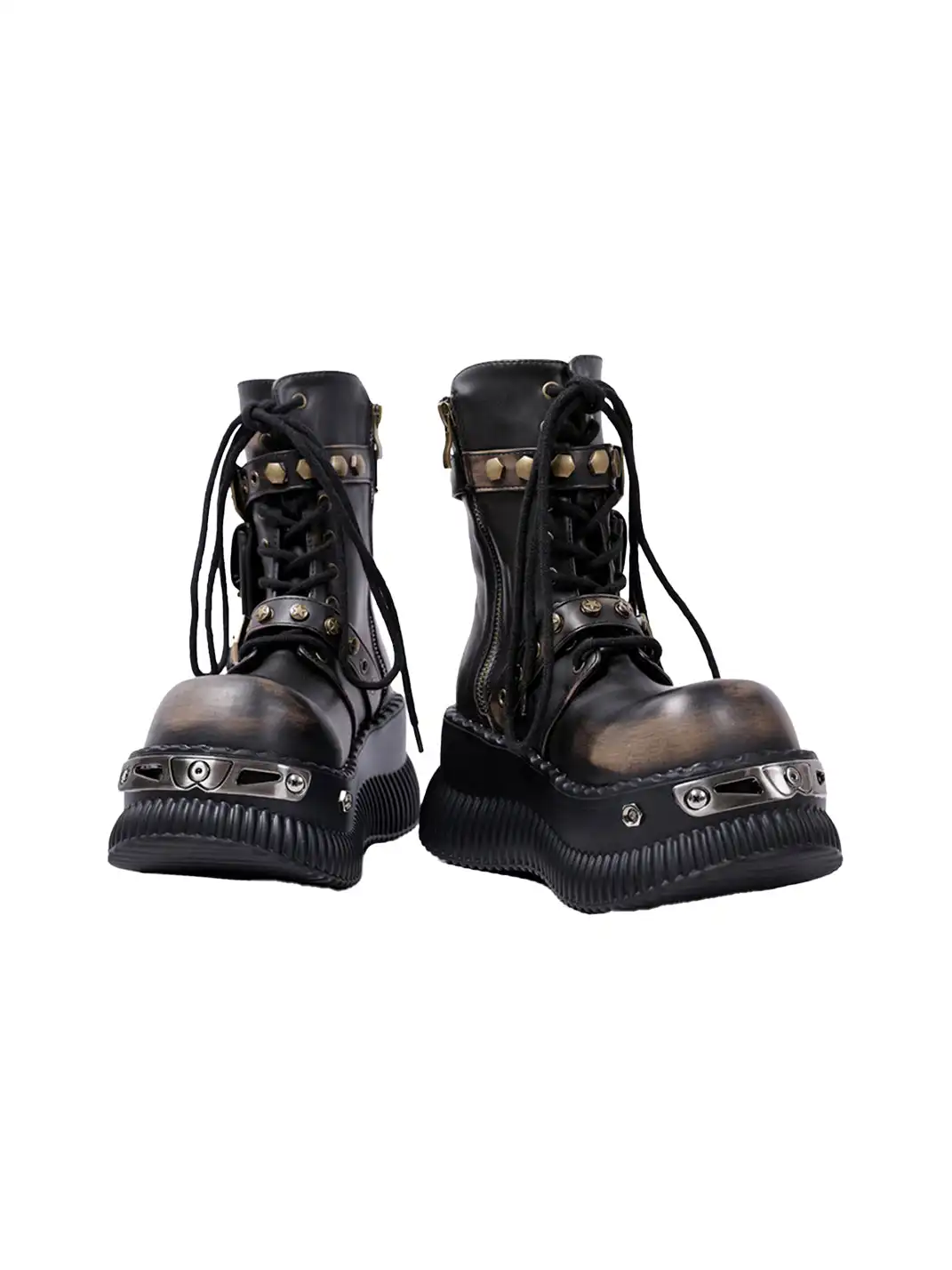 PINJIAHUI | Metallic Punk Platform Ankle Boots with Studded Details