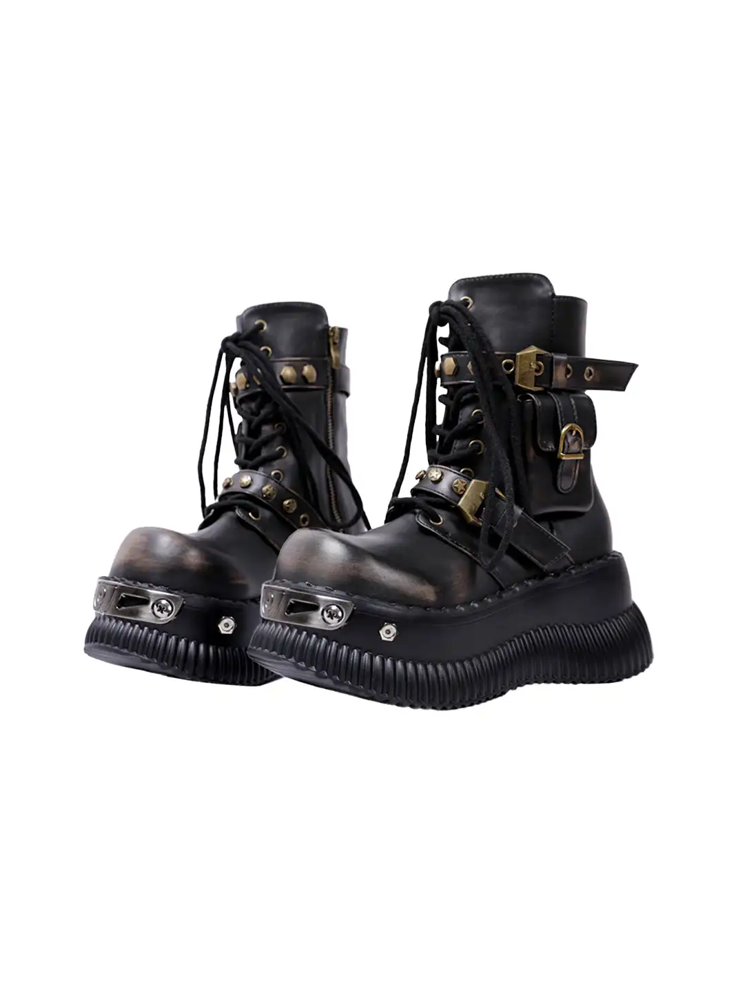 PINJIAHUI | Metallic Punk Platform Ankle Boots with Studded Details