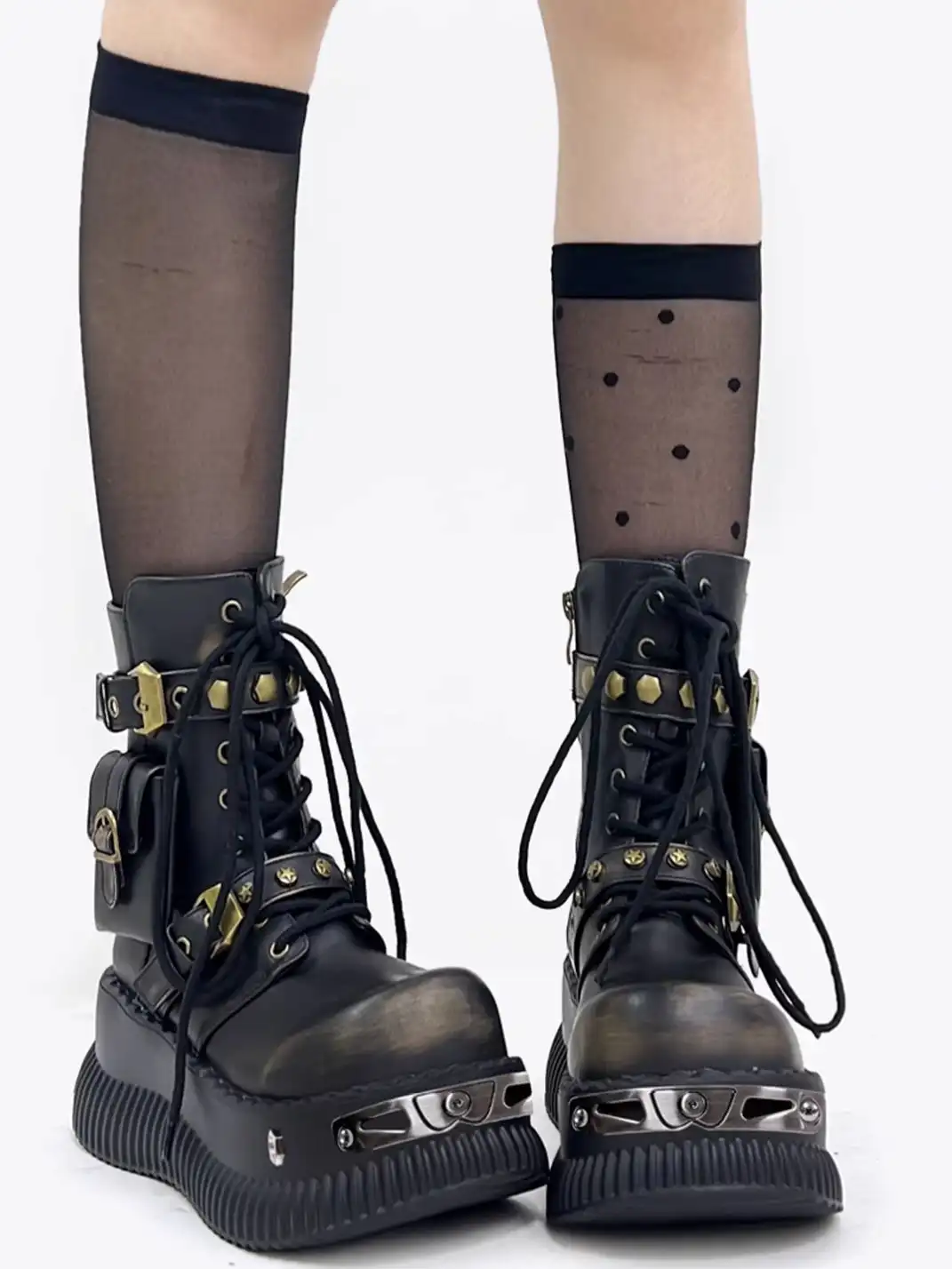 PINJIAHUI | Metallic Punk Platform Ankle Boots with Studded Details