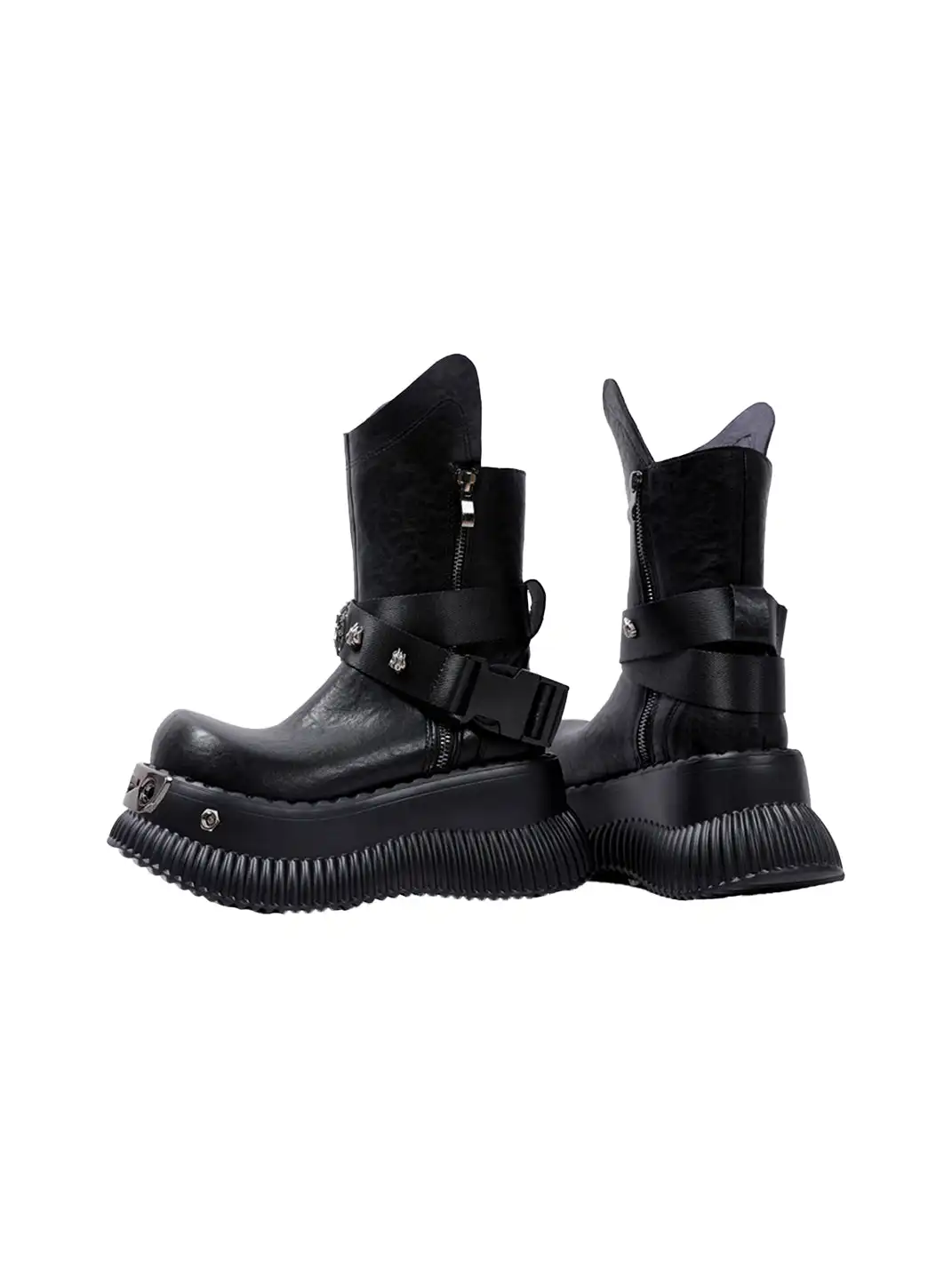 PINJIAHUI | Punk Platform Ankle Boots with Metal Strap Detail