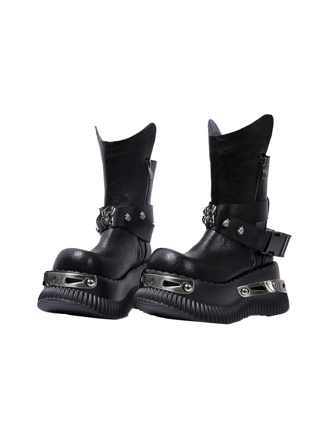 PINJIAHUI | Punk Platform Ankle Boots with Metal Strap Detail