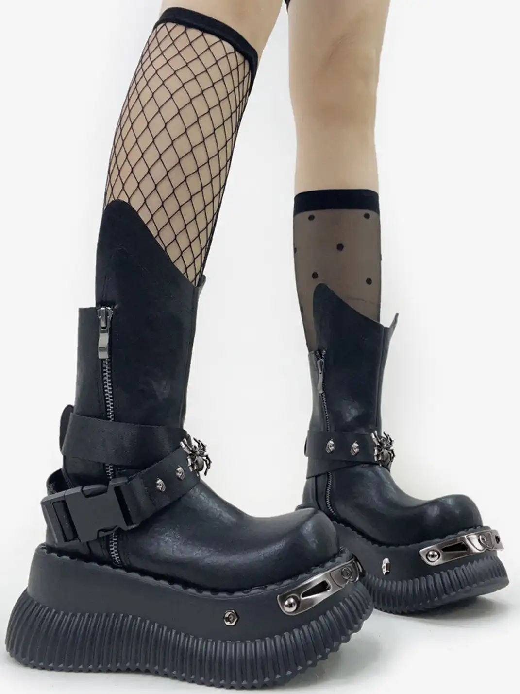 PINJIAHUI | Punk Platform Ankle Boots with Metal Strap Detail