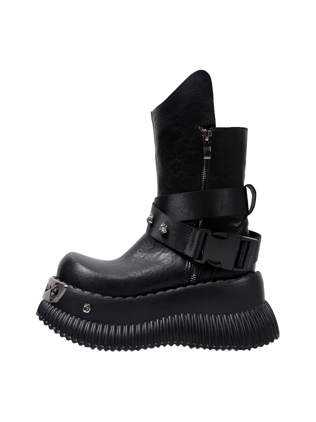PINJIAHUI | Punk Platform Ankle Boots with Metal Strap Detail