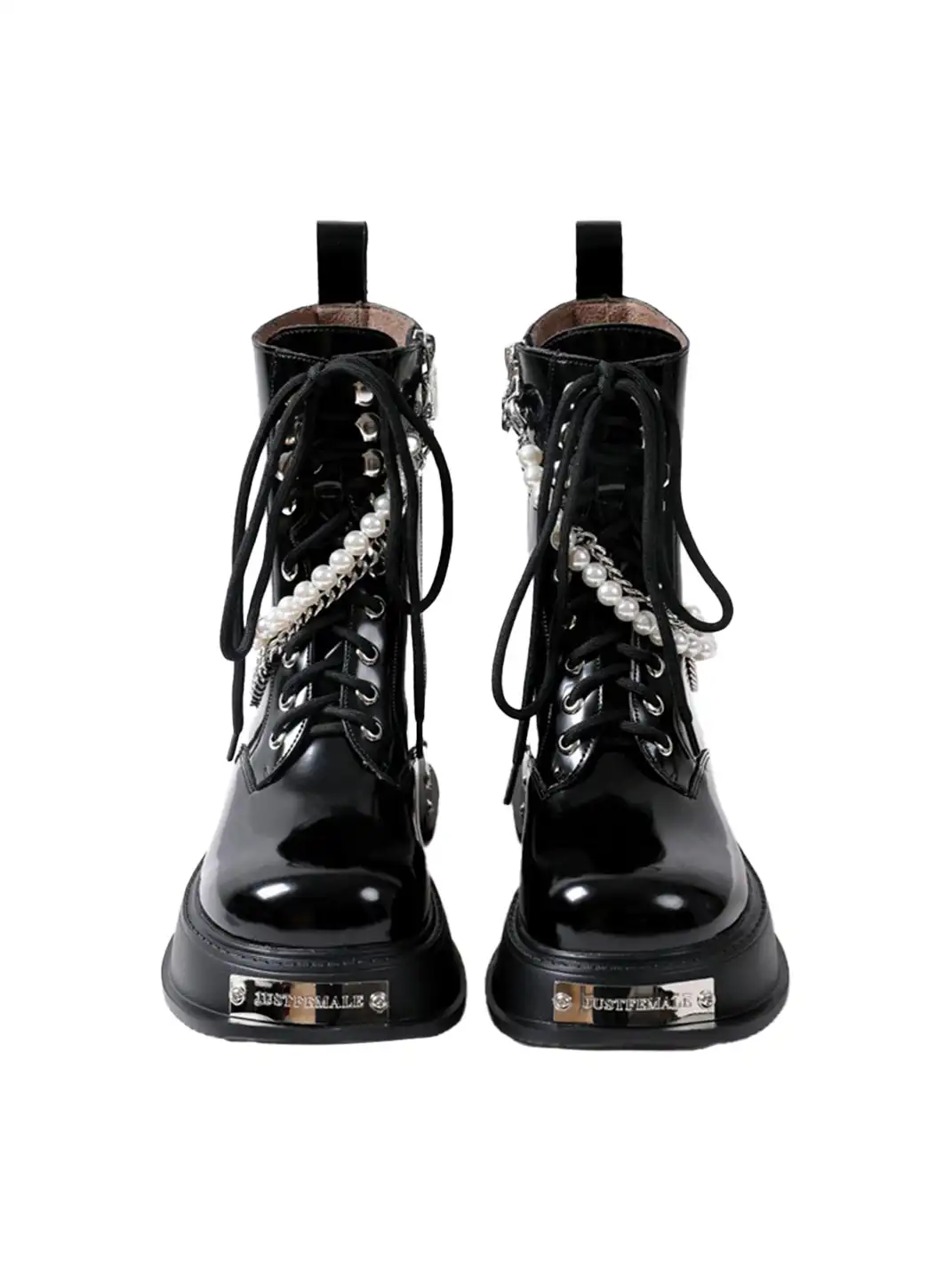 PINJIAHUI | Pearl Chain Platform Lace-Up Ankle Boots