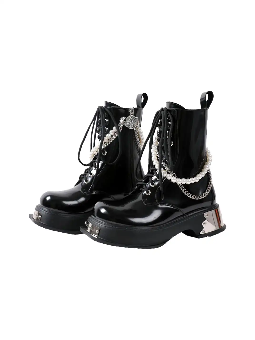 PINJIAHUI | Pearl Chain Platform Lace-Up Ankle Boots