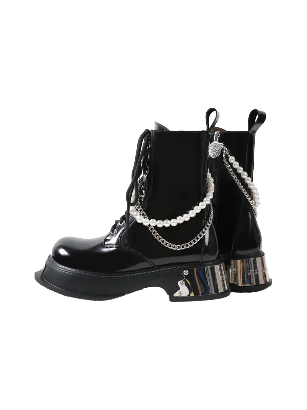 PINJIAHUI | Pearl Chain Platform Lace-Up Ankle Boots