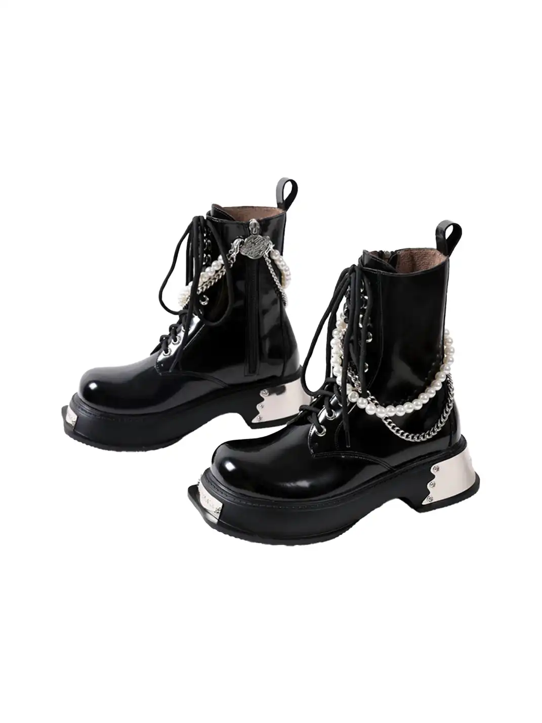 PINJIAHUI | Pearl Chain Platform Lace-Up Ankle Boots