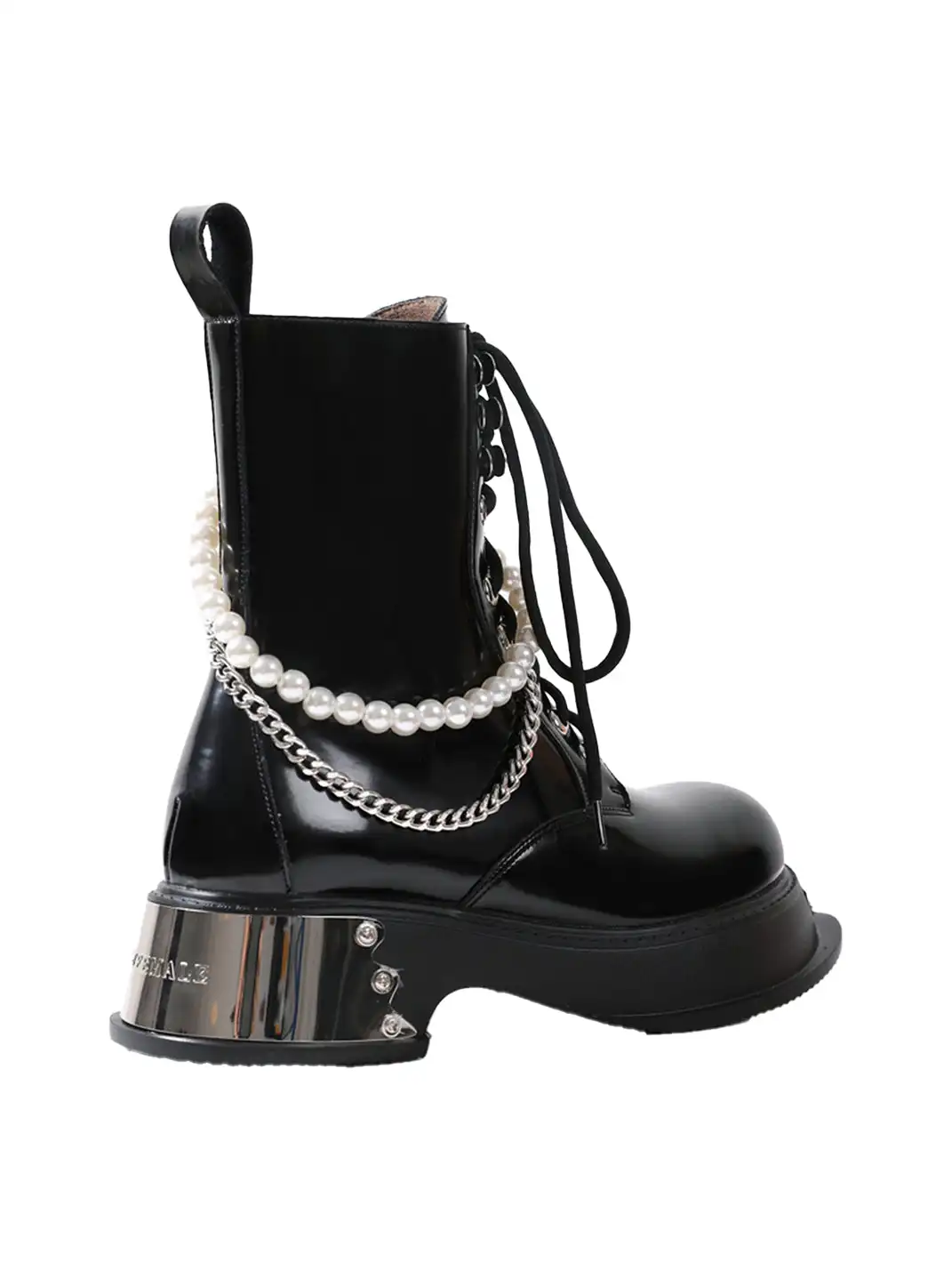 PINJIAHUI | Pearl Chain Platform Lace-Up Ankle Boots