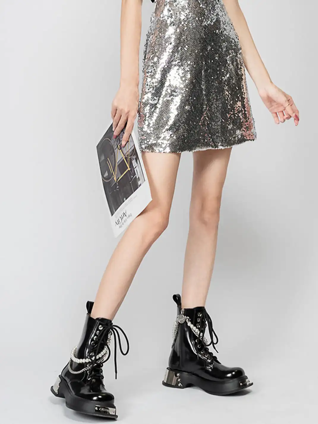 PINJIAHUI | Pearl Chain Platform Lace-Up Ankle Boots