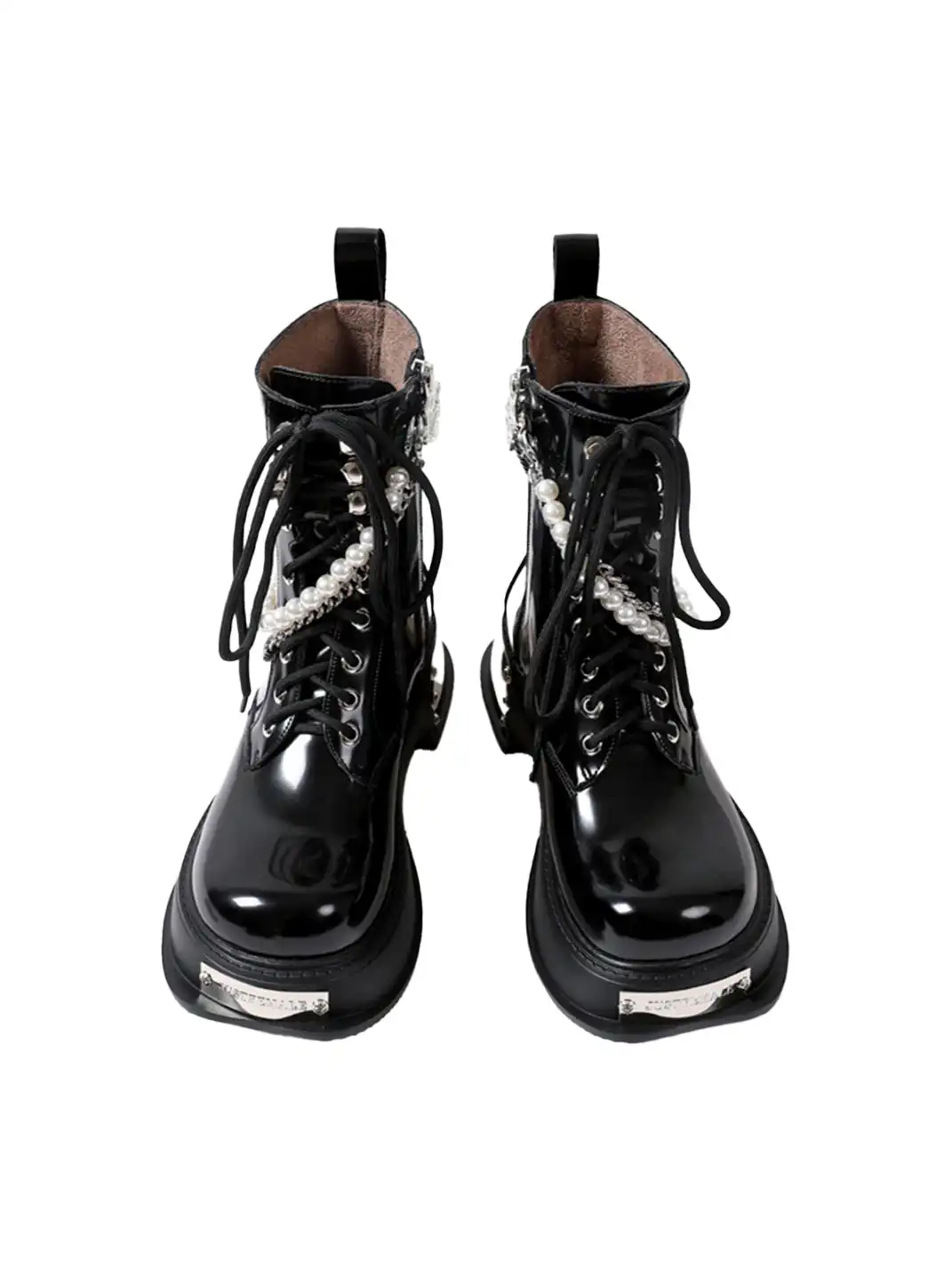PINJIAHUI | Pearl Chain Platform Lace-Up Ankle Boots