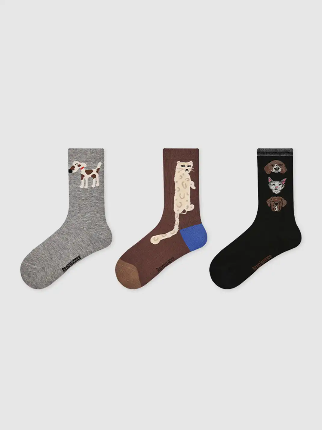Renaissance丨3-Pack Cartoon Animal Striped Mid-Calf Socks for Women