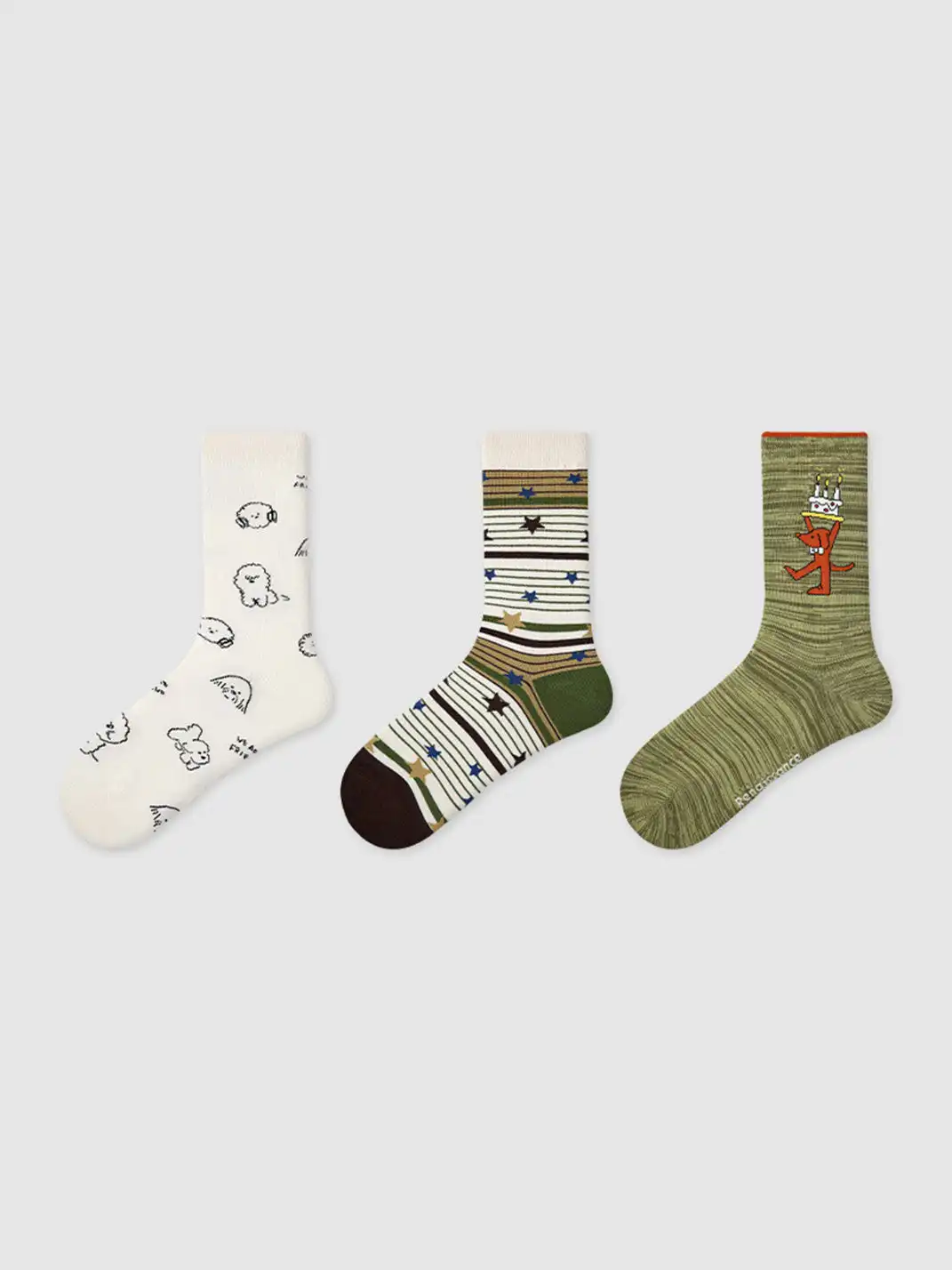 Renaissance丨3-Pack Cartoon Animal Striped Mid-Calf Socks for Women