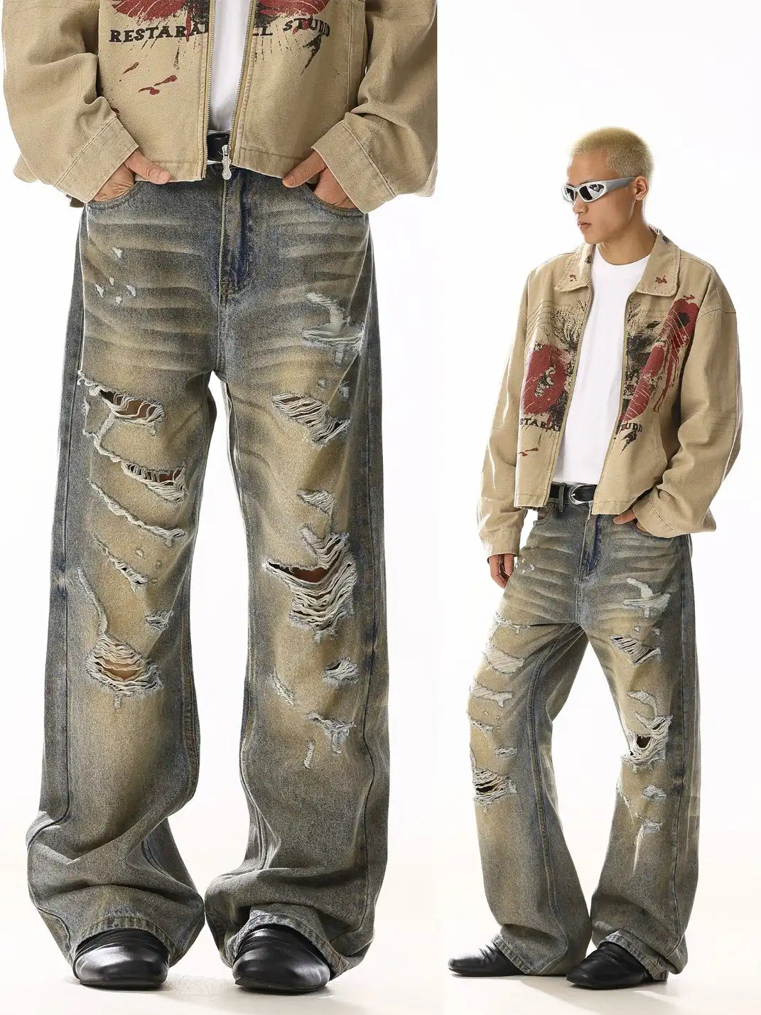 MEBXX | Vintage-Inspired High-Street Distressed Wide-Leg Jeans