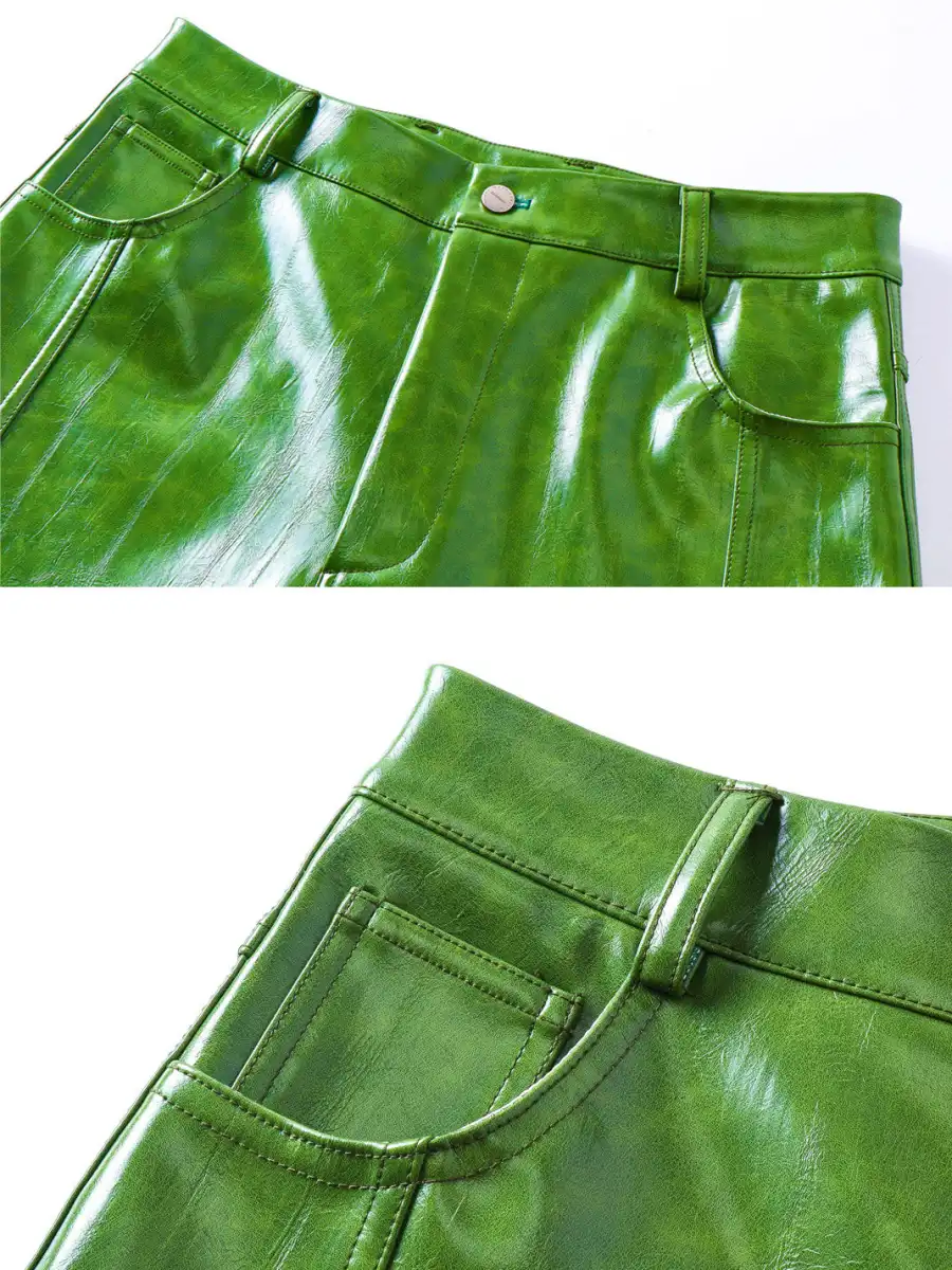 REBEL WAVE | Green Liquid Leather Wide-Leg Pants - 3