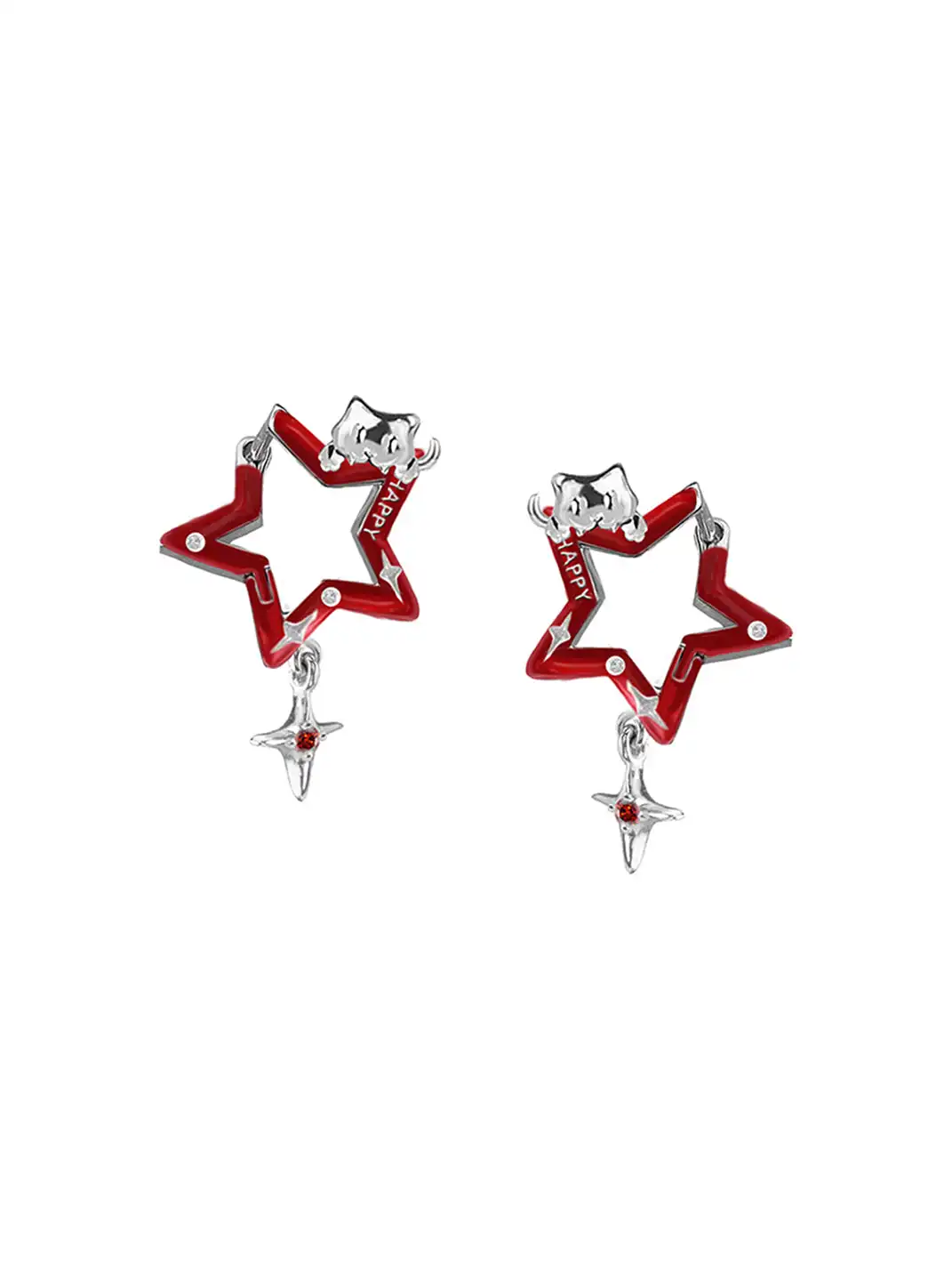 MASW | Cat-Inspired Star Earrings with Red & Green Accents