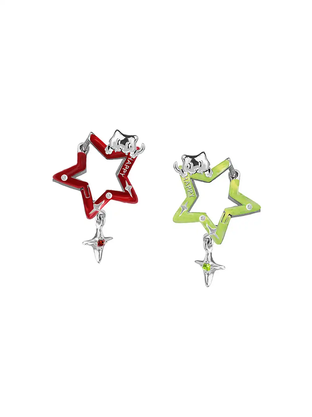 MASW | Cat-Inspired Star Earrings with Red & Green Accents