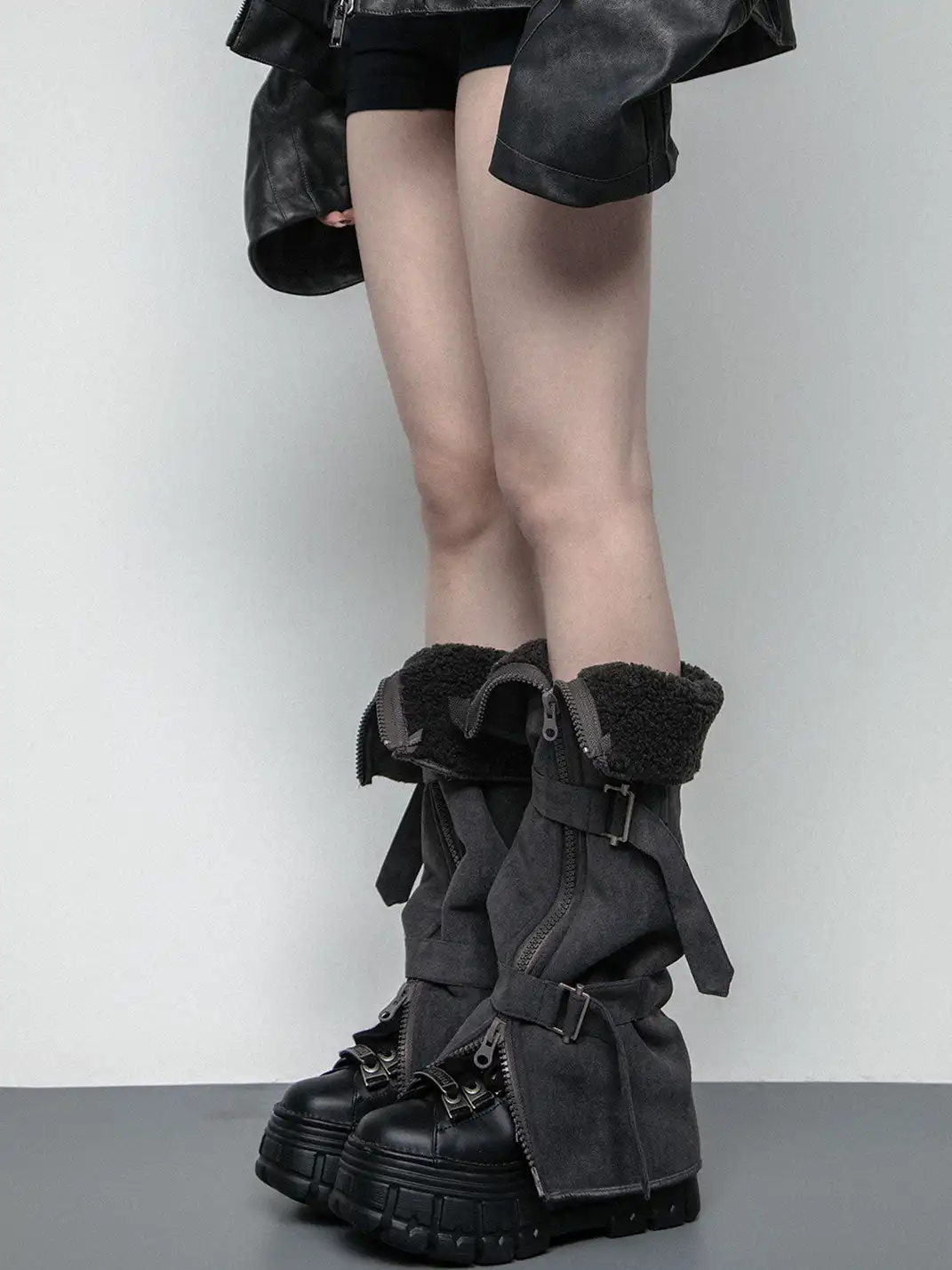 SS2L | Faux Fur Strap Leather Leg Warmers