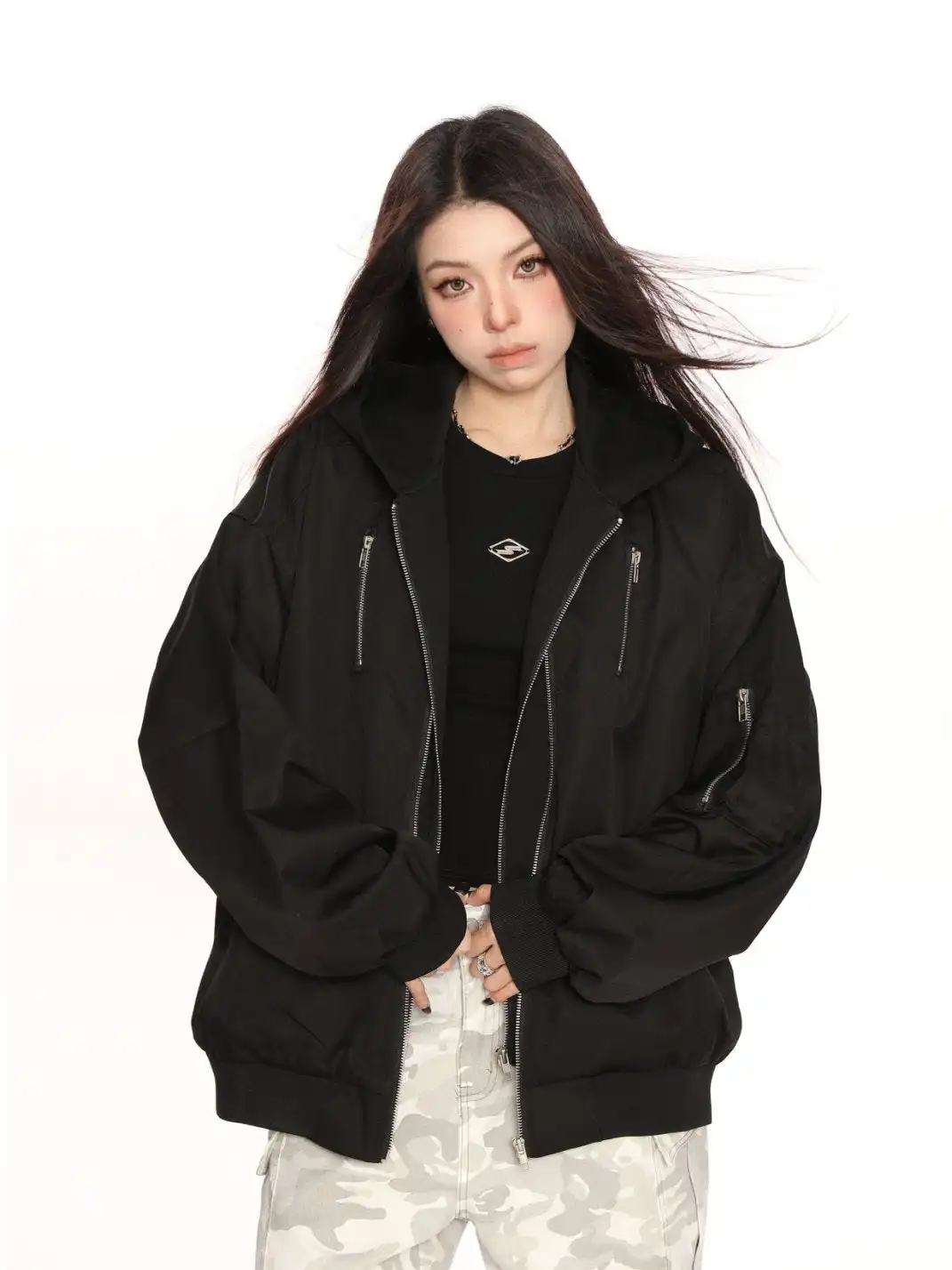 BIGGOLD | Hooded Bomber Jacket Faux-2-Piece Design
